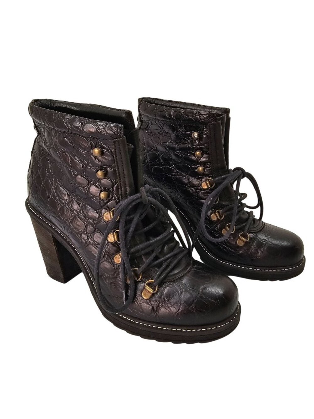 Diesel Tekny Leather Combat Ankle Boots Womens 8 Black Croc Emboss Lace-Up Moto